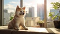 A serene living room office area shared with a well-behaved canine companion. Royalty Free Stock Photo