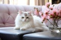 Dreamy Afternoon: Fluffy Cat Lounging in Rain-Kissed Living Room