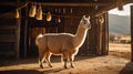 Golden Alpaca in Rustic Barn, Sunset Light Royalty Free Stock Photo
