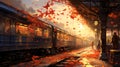 Romantic Train Station: A Stylized Anime Art With Falling Leaves