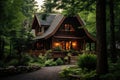 A serene log cabin nestled in the middle of a lush forest, offering a tranquil retreat in natures embrace., A rustic log cabin