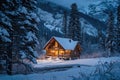 A serene log cabin surrounded by snow-covered trees, creating a peaceful winter wonderland, A cozy mountain lodge during winter, Royalty Free Stock Photo