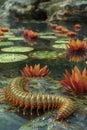 Serene Lotus Pond with Exotic Colorful Water Lily Flowers and Vibrant Millipede in Natural Setting