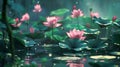 Tranquil Lotus Pond in Twilight Hues, Perfect for Zen Themes and Nature Backgrounds. Serene Water Scene with Blooming Royalty Free Stock Photo