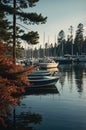 Peaceful Harbor Sunset: Boats Docked at Marina with Pine Trees Royalty Free Stock Photo