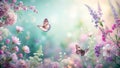 Serene meadow scene delicate butterflies flutter amidst a bountiful array of pastel blossoms. Generative AI
