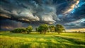 Serene meadow under a dramatic, imposing sky with a row of lush green trees. Generative AI Royalty Free Stock Photo