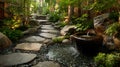 Peaceful meditation garden with stone path, flowing water, lush greenery, and lanterns Royalty Free Stock Photo