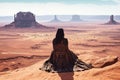 Serene meditative girl contemplating and Looking Out Into The Vast Monument Valley illustration generative ai