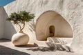 Serene Mediterranean Courtyard with Olive Tree and Architectural Arch Design Generative AI Royalty Free Stock Photo