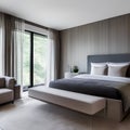 A serene and minimalist bedroom with a platform bed, sheer curtains, and a neutral color palette5, Generative AI