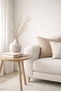 Organic Modern Dreams Style sofa corner with wooden side table Royalty Free Stock Photo