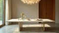 Serene minimalist dining room with sunlight illuminating a modern marble table setting. Generative AI Royalty Free Stock Photo