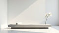 Serene minimalist display with elevated platform, soft lighting, and delicate white blooms. Generative AI Royalty Free Stock Photo