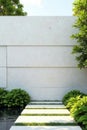 Serene minimalist garden pathway design featuring light-colored stone steps and lush greenery against a smooth wall. Generative AI Royalty Free Stock Photo