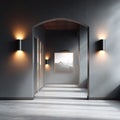 Serene minimalist hallway interior with subtle lighting, showcasing modern design architectural details Royalty Free Stock Photo