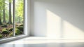 Serene minimalist interior with forest view from large window showing sunlit empty room and mossy ground. Generative AI Royalty Free Stock Photo