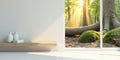 Serene minimalist interior with a forest view through a window featuring sunlight streaming through trees and exposed tree roots Royalty Free Stock Photo