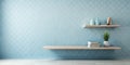 Serene minimalist interior with light blue diamond patterned wall and floating shelves. Generative AI Royalty Free Stock Photo