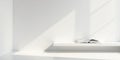 Serene minimalist interior open book on a white shelf basking in sunlight. Generative AI Royalty Free Stock Photo