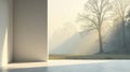 Serene minimalist interior space with misty dawn forest view through expansive window. Generative AI Royalty Free Stock Photo