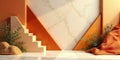 Serene minimalist interior with steps, stone, and fabric drape in earthy tones. Generative AI Royalty Free Stock Photo