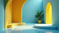 Serene minimalist interior with yellow and blue architectural elements and lush greenery. Generative AI Royalty Free Stock Photo