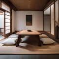 A serene and minimalist Japanese dining room with low tables and floor cushions4