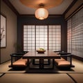 A serene and minimalist Japanese dining room with low tables and floor cushions5