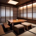 A serene and minimalist Japanese dining room with low tables and floor cushions1