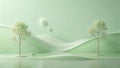 Serene minimalist landscape with abstract green hills and two trees on platforms. Generative AI Royalty Free Stock Photo