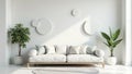 Serene minimalist living room interior design with white sofa and potted plants. Generative AI Royalty Free Stock Photo