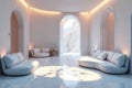 Serene minimalist living space with arched windows and luxurious seating. Generative AI Royalty Free Stock Photo