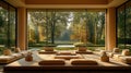 Serene, minimalist living space with expansive garden views Royalty Free Stock Photo