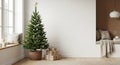 Photorealistic image capturing a cozy Scandinavian Christmas morning scene in a minimalist living room featuring a simple pine tre Royalty Free Stock Photo