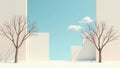 Serene minimalist scene two leafless trees flanked by clean architectural forms against a pale blue sky with wispy clouds. Royalty Free Stock Photo