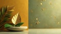 Serene minimalist still life featuring gilded leaf and lush greenery on a smooth stone surface against a textured background. Royalty Free Stock Photo