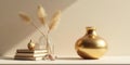 Serene minimalist still life golden vase, books, and pampas grass in soft light. Generative AI Royalty Free Stock Photo