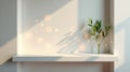 Serene minimalist white shelf with greenery and soft sunlight illumination. Generative AI Royalty Free Stock Photo
