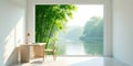 Serene minimalist workspace featuring a panoramic view of a tranquil river and lush bamboo forest. Generative AI Royalty Free Stock Photo