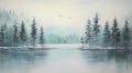 serene mist-covered lake with a forest backdrop in the early morning light Royalty Free Stock Photo