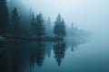 Serene misty lake with pine tree reflections in tranquil morning fog Royalty Free Stock Photo