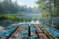 Serene Misty Lake Scene with Sunlight Piercing Through Trees at Dawn, Old Wooden Dock Over Tranquil Water in Lush Forest Royalty Free Stock Photo