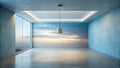 Serene modern interior design spacious room with sunset mural and polished concrete floor. Generative AI Royalty Free Stock Photo