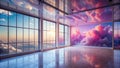 Serene modern interior with expansive windows showcasing a breathtaking sunset over a sea of clouds, complemented by a captivating Royalty Free Stock Photo