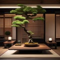 A serene and modern Japanese dining area with a low table and bonsai tree centerpiece1