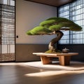 A serene and modern Japanese dining area with a low table and bonsai tree centerpiece4