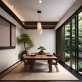 A serene and modern Japanese dining area with a low table and bonsai tree centerpiece3