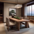 A serene and modern Japanese dining area with a low table and bonsai tree centerpiece5