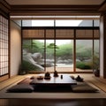 A serene and modern Japanese dining area with a low table and Zen garden view1